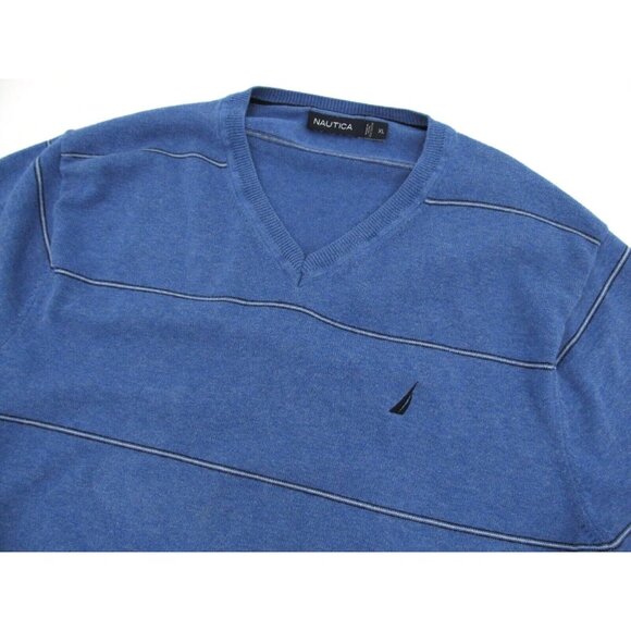 Nautica Sweater Mens XL Blue Striped Long Sleeve V-Neck Pullover Casual Preppy - Picture 4 of 11